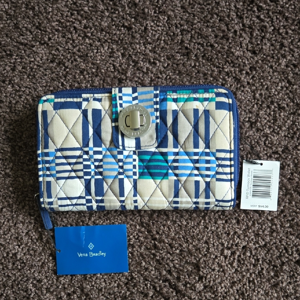 NEW Vera Bradley Blue Beige Green Turnlock Wallet